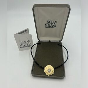 New Nolan Miller Lara Cream Camellia Flower Rhinestone Pendant Leather Necklace